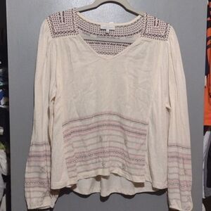 Lucky Brand Embroidered Peasant Blouse boho size small long sleeve